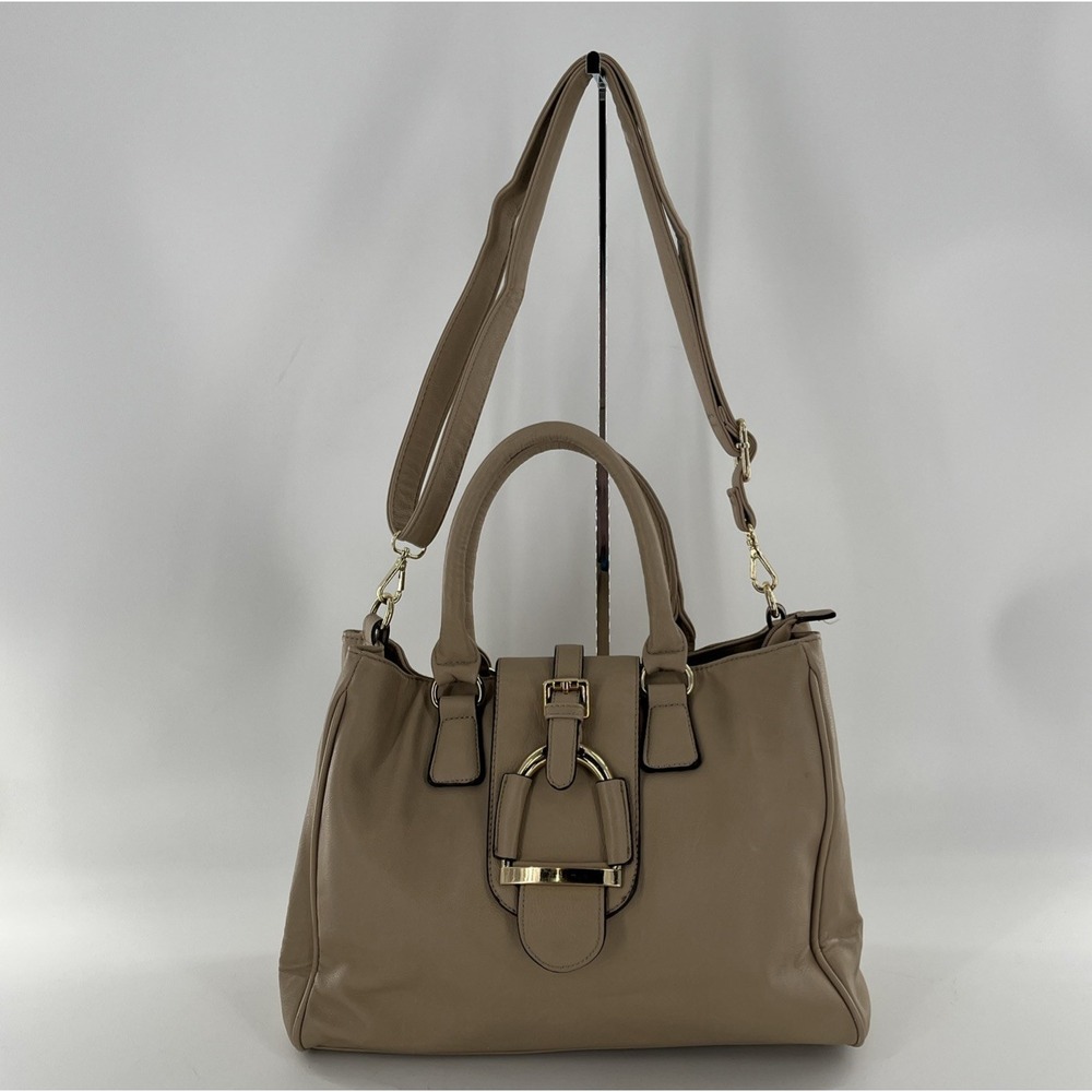 Large Charming Charlie Handbag Satchel Crossbody Tote Purse Tan Beige Taupe Gold
